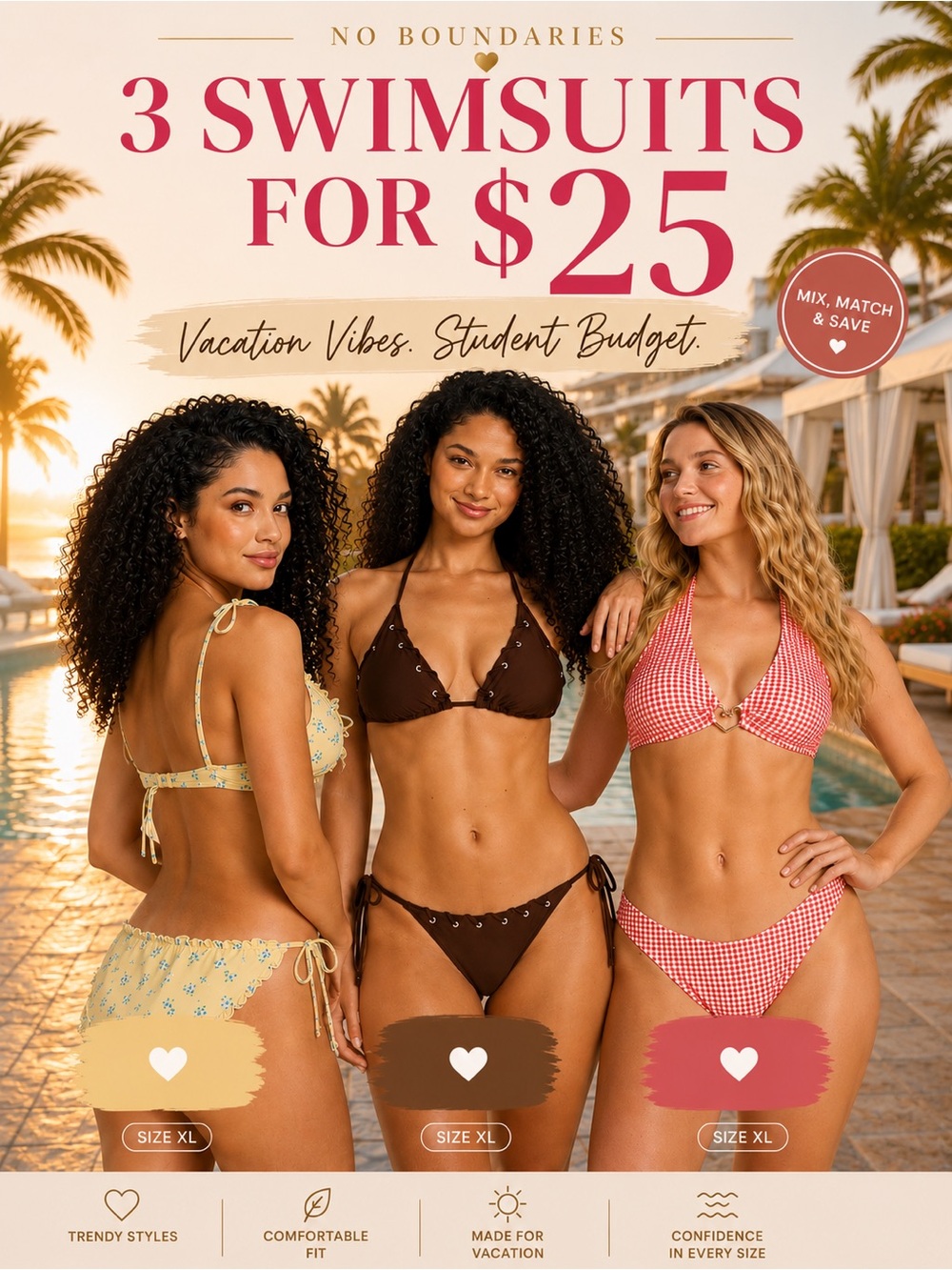 🏖️NWT Bundle 3 Sets Bikinis Size XL Floral, Brown, Gingham Lot No Boundaries👙☀️